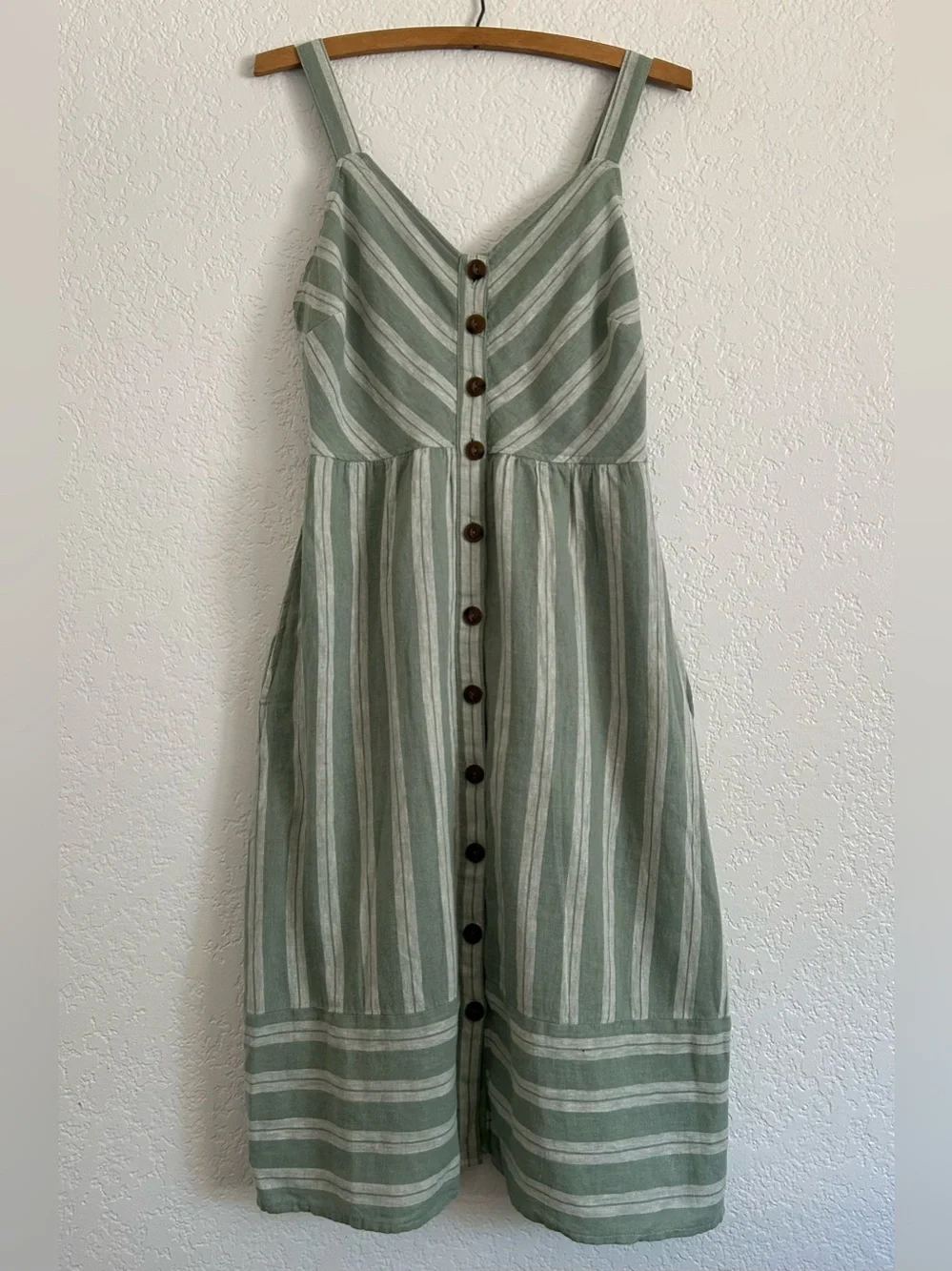 Striped Sage Green Button-Front Dress